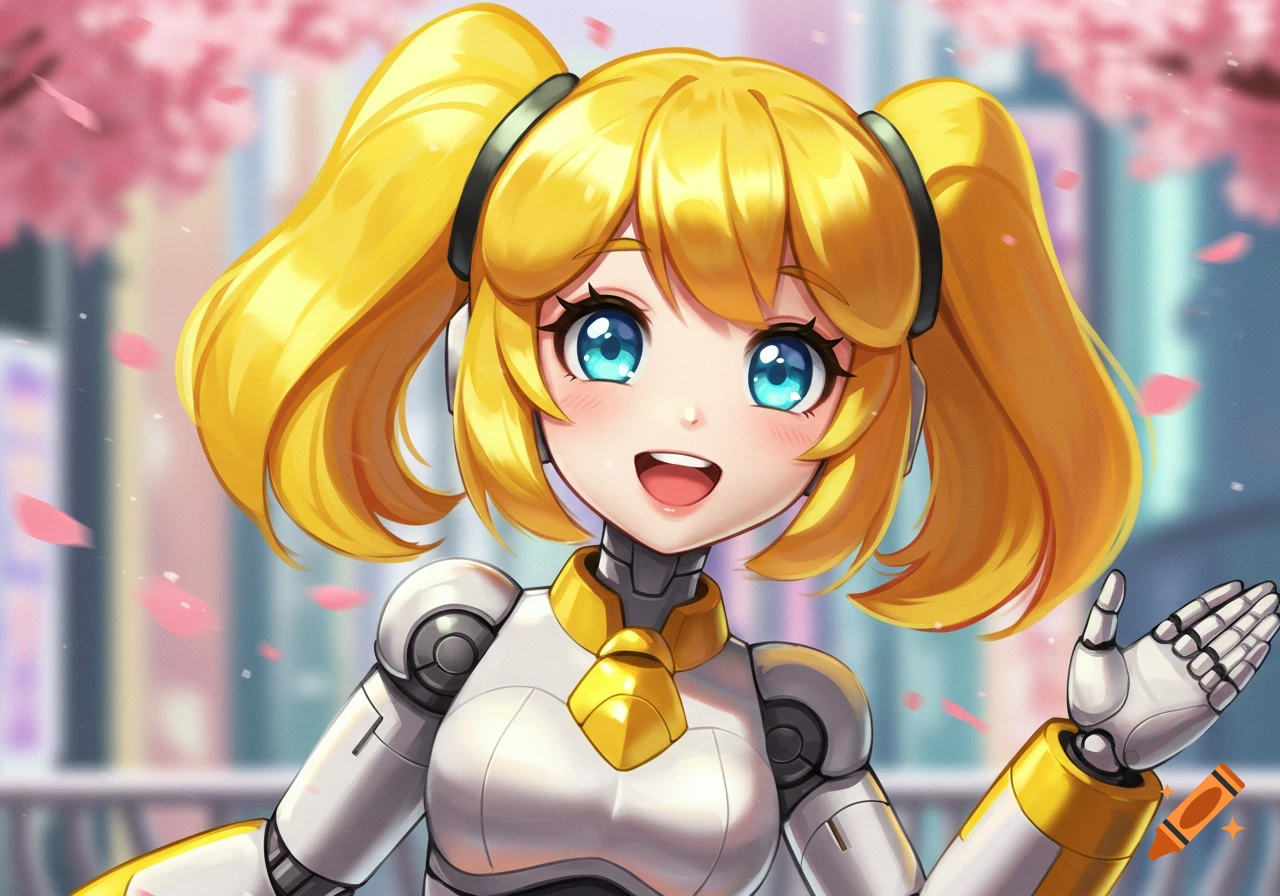 Close-up of a smiling anime robot girl with blonde pigtails and blue eyes, wearing a white and gold suit, with cherry blossoms.