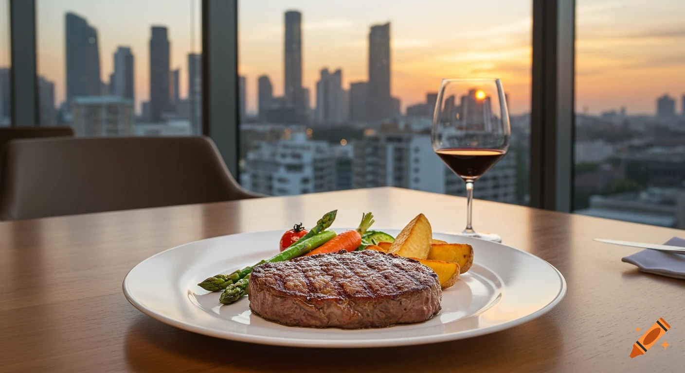 A steak dinner with vegetables, potatoes, and red wine on a table, overlooking a city skyline at sunset.