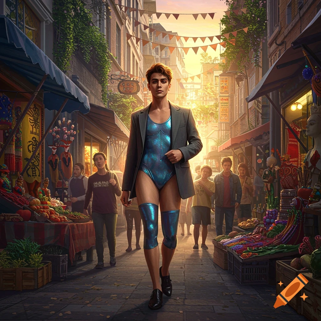 A person in a shiny blue leotard, blue metallic knee pads, and a grey blazer walks through a bustling outdoor market.