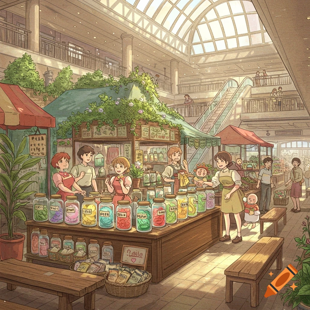 An indoor market in Studio Ghibli style, with cartoon people selling colorful jars at wooden stalls under a large skylight.