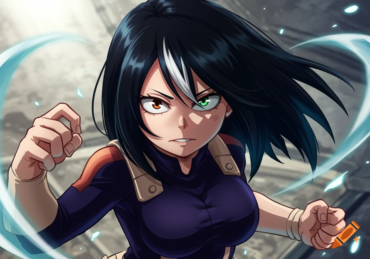 Anime woman with black hair, white streak, heterochromia (brown and green eyes), in a fighting stance with blue energy effects.