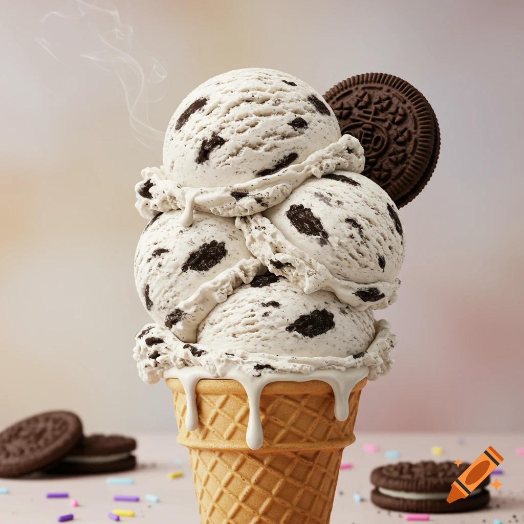 A stack of three scoops of cookies and cream ice cream in a waffle cone, topped with a chocolate sandwich cookie. Sprinkles and cookies are on the table.