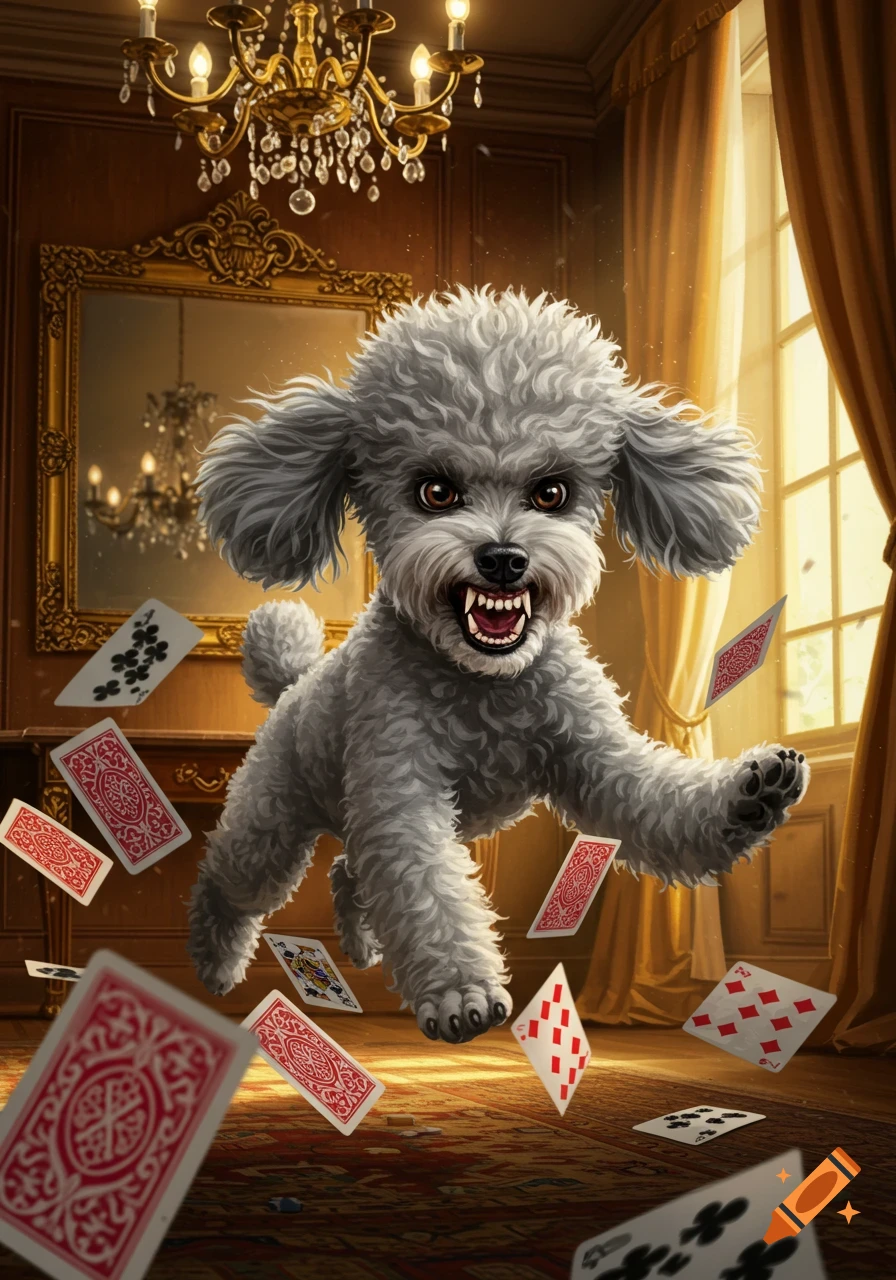 An angry grey poodle leaps through the air in a luxurious room, surrounded by scattered playing cards.