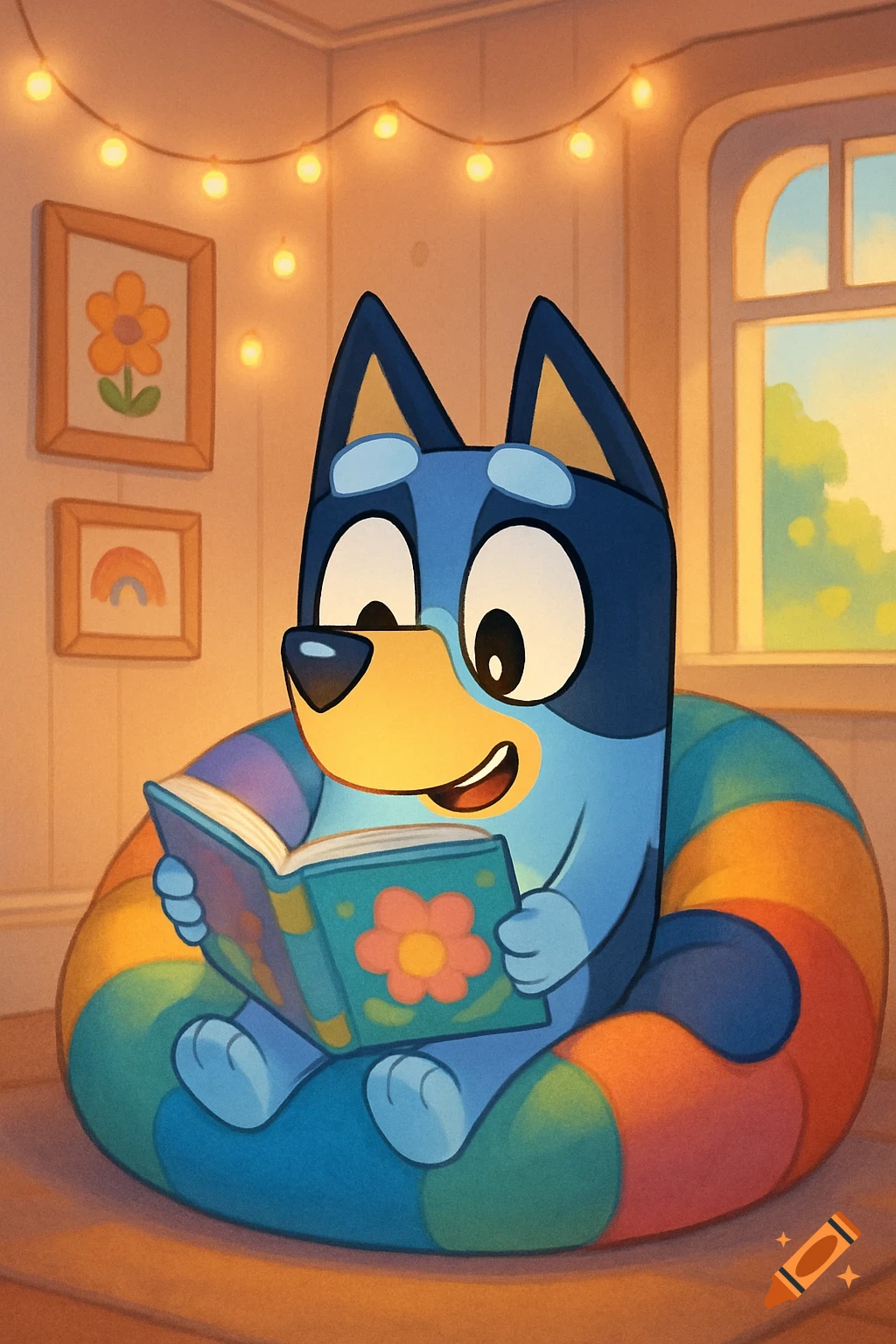 A blue dog-like character, Bluey, sits on a rainbow beanbag chair reading a book in a cozy room with string lights.