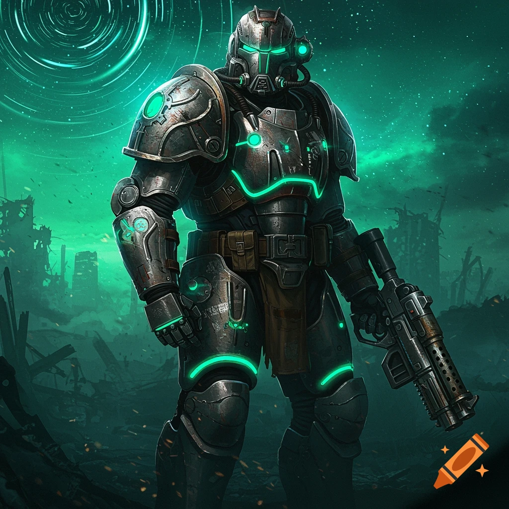 A futuristic soldier in green glowing metallic power armor stands in a ruined, atmospheric landscape, holding a large rifle.