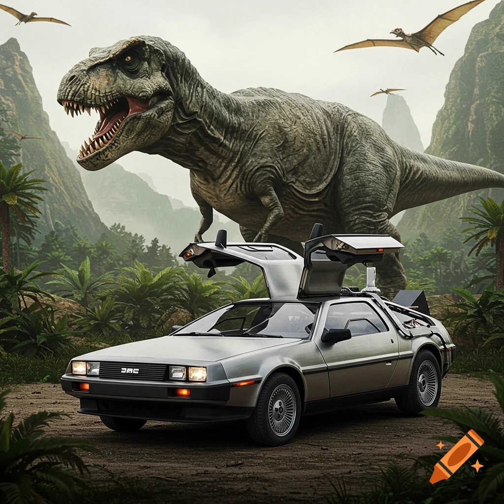 A silver DeLorean with open gull-wing doors on a dirt road, with a large T-Rex and flying pterodactyls in a lush green jungle.
