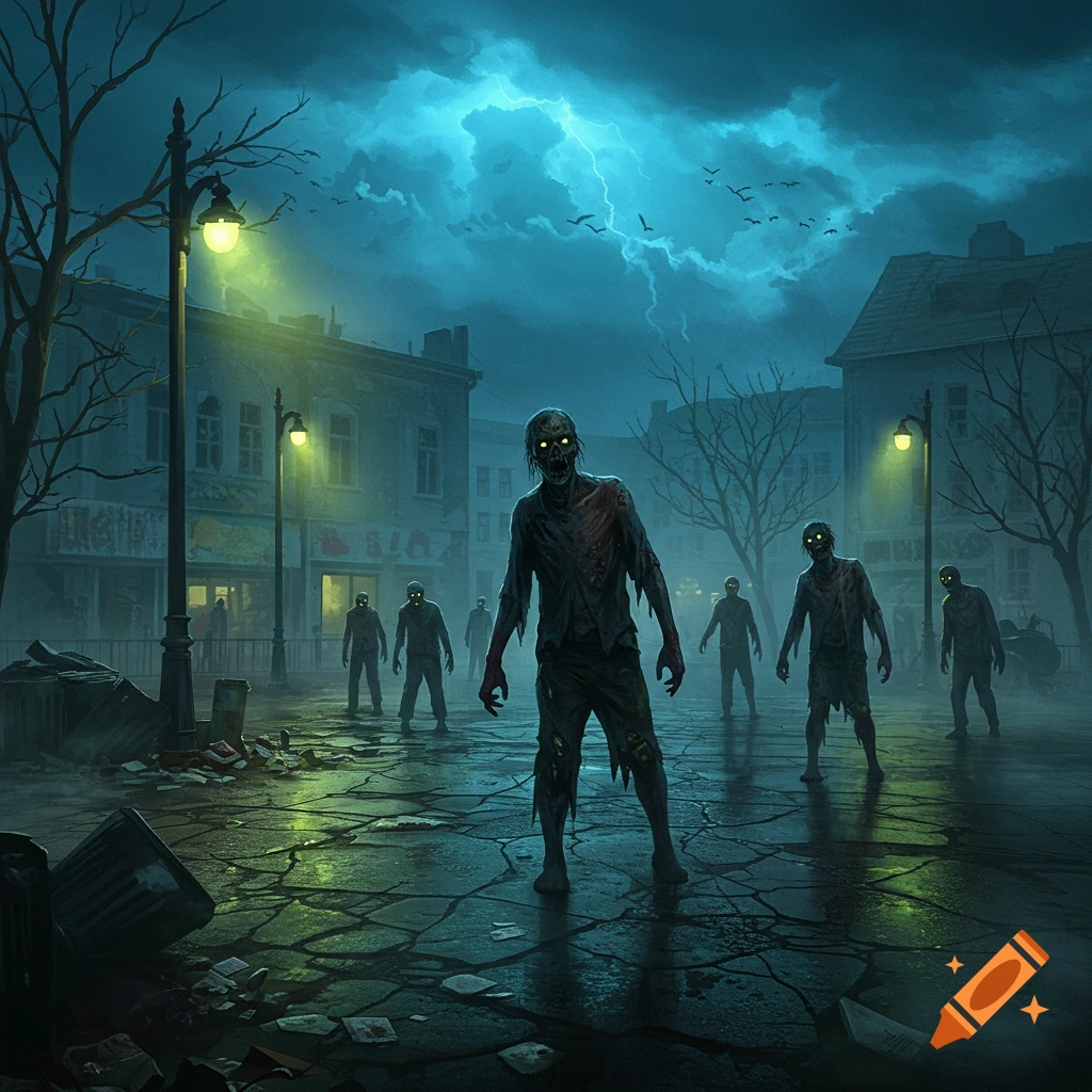 A group of zombies with glowing eyes stand in a dark, abandoned town street at night under a stormy, lightning-filled sky.
