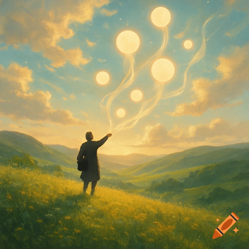 A lone person stands on a grassy hill, reaching towards ethereal glowing orbs floating in a dreamy sunset sky above rolling green hills.