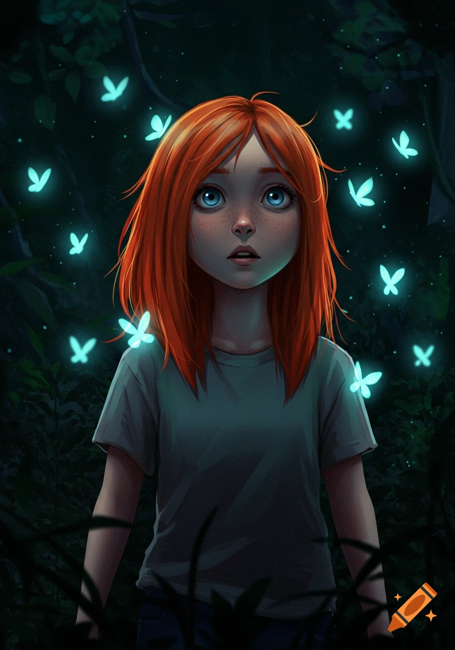 Red-haired girl with big blue eyes looking up in a dark forest, surrounded by glowing blue butterflies. Digital illustration.