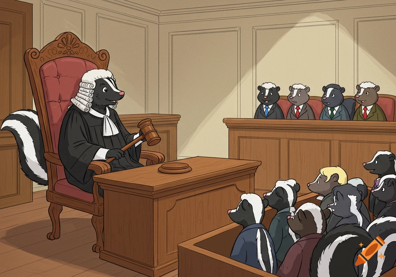 A cartoon skunk judge sits in a large chair holding a gavel in a courtroom, with skunk jurors in suits in the jury box.