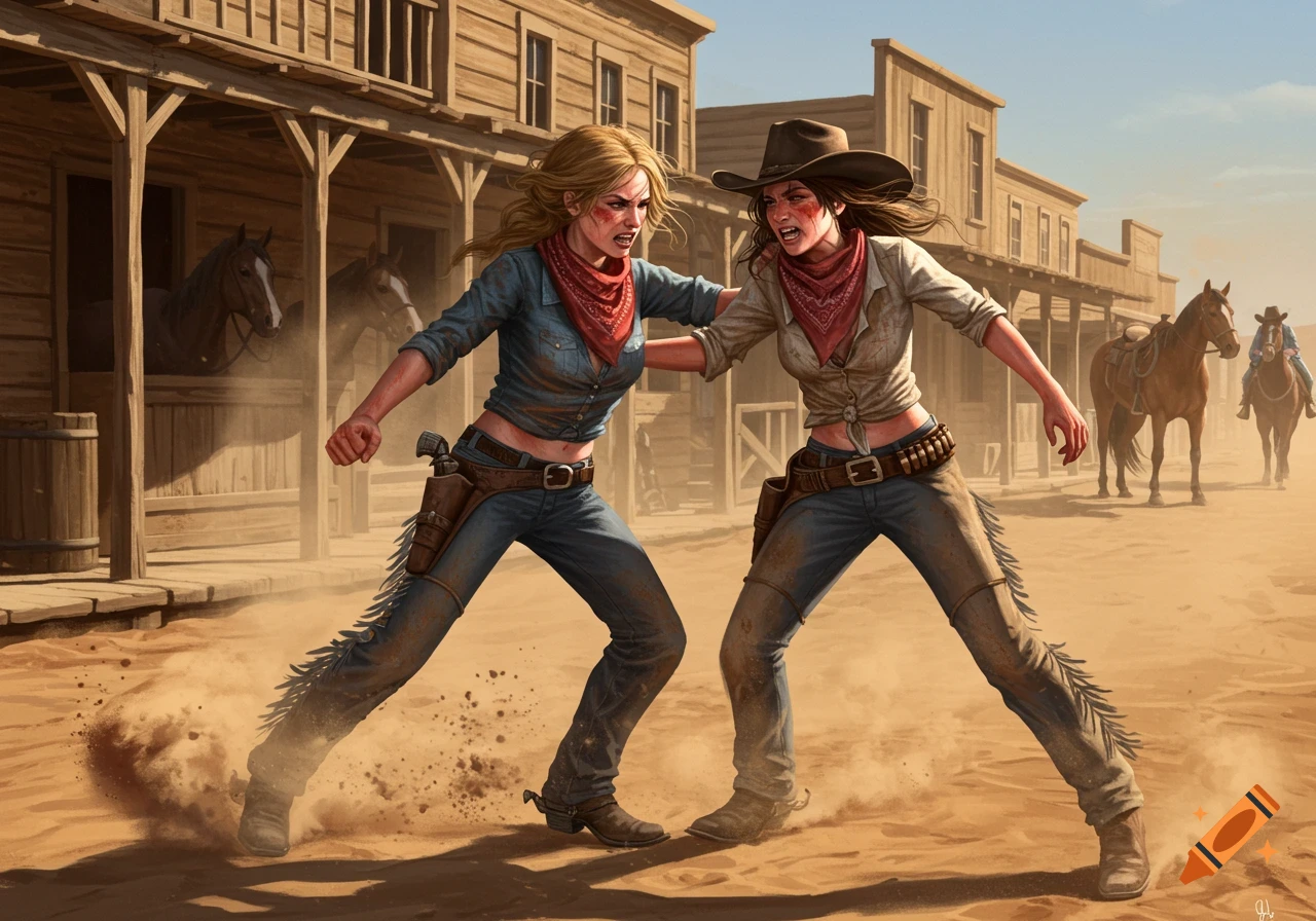 Two enraged cowgirls with dirty faces fight in a dusty Wild West town street.