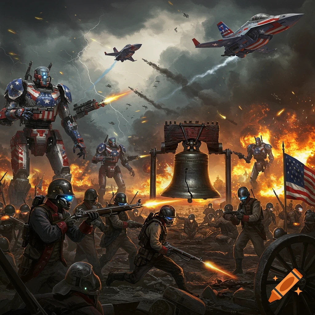 A dramatic sci-fi battle with patriotic robots, futuristic soldiers, jets, the Liberty Bell, US flag, explosions, and lightning.