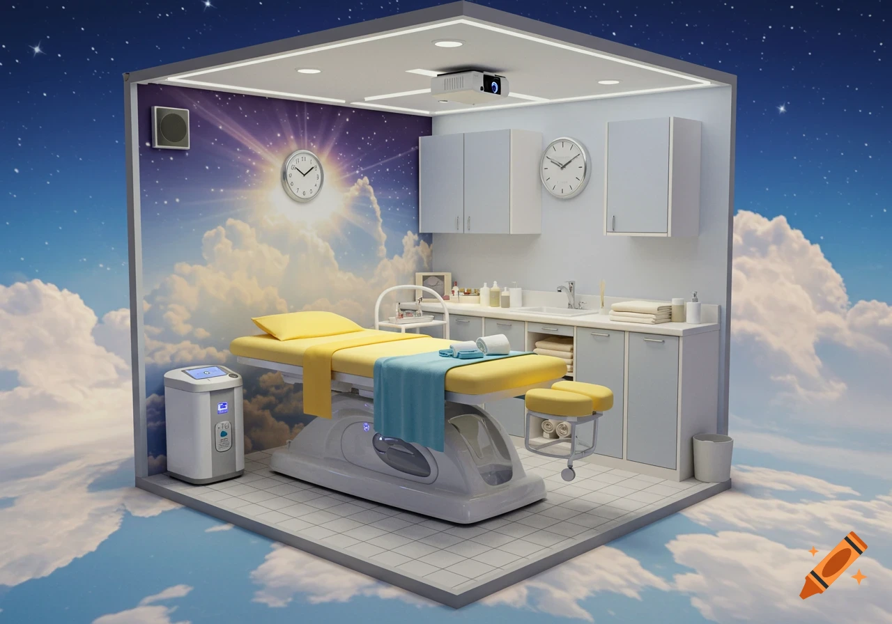 A stylized massage room with a yellow and blue massage table, cabinets, and two clocks. The room appears as a box floating in a sky filled with clouds and stars, with one wall depicting a sunburst design.