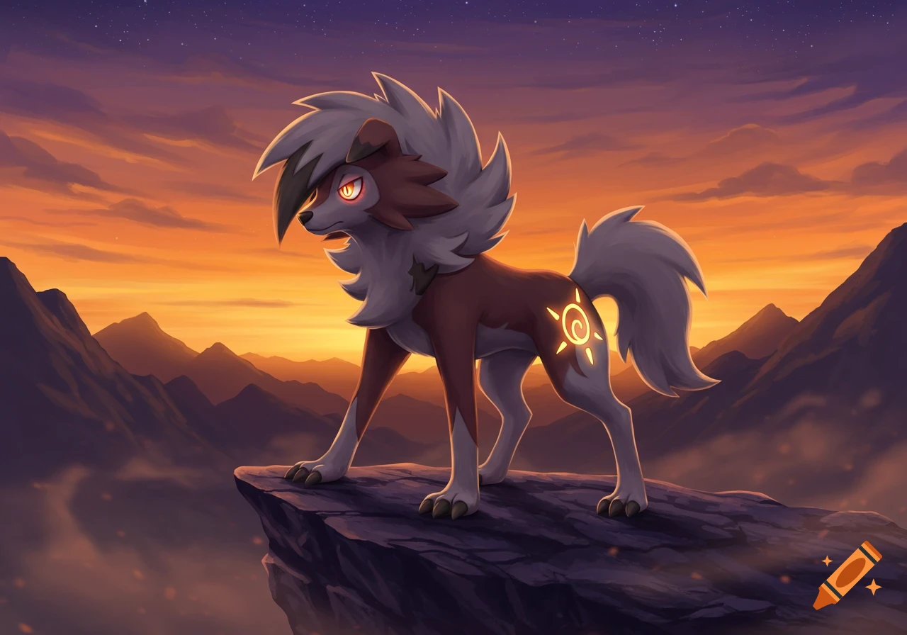 Dusk form Lycanroc Pok espec;mon stands on a cliff overlooking a mountain range at sunset.