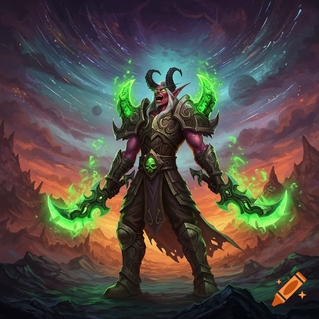 A red-skinned demon hunter with horns, white hair, and glowing green warglaives stands in dark armor on a rocky alien world under a cosmic sky.