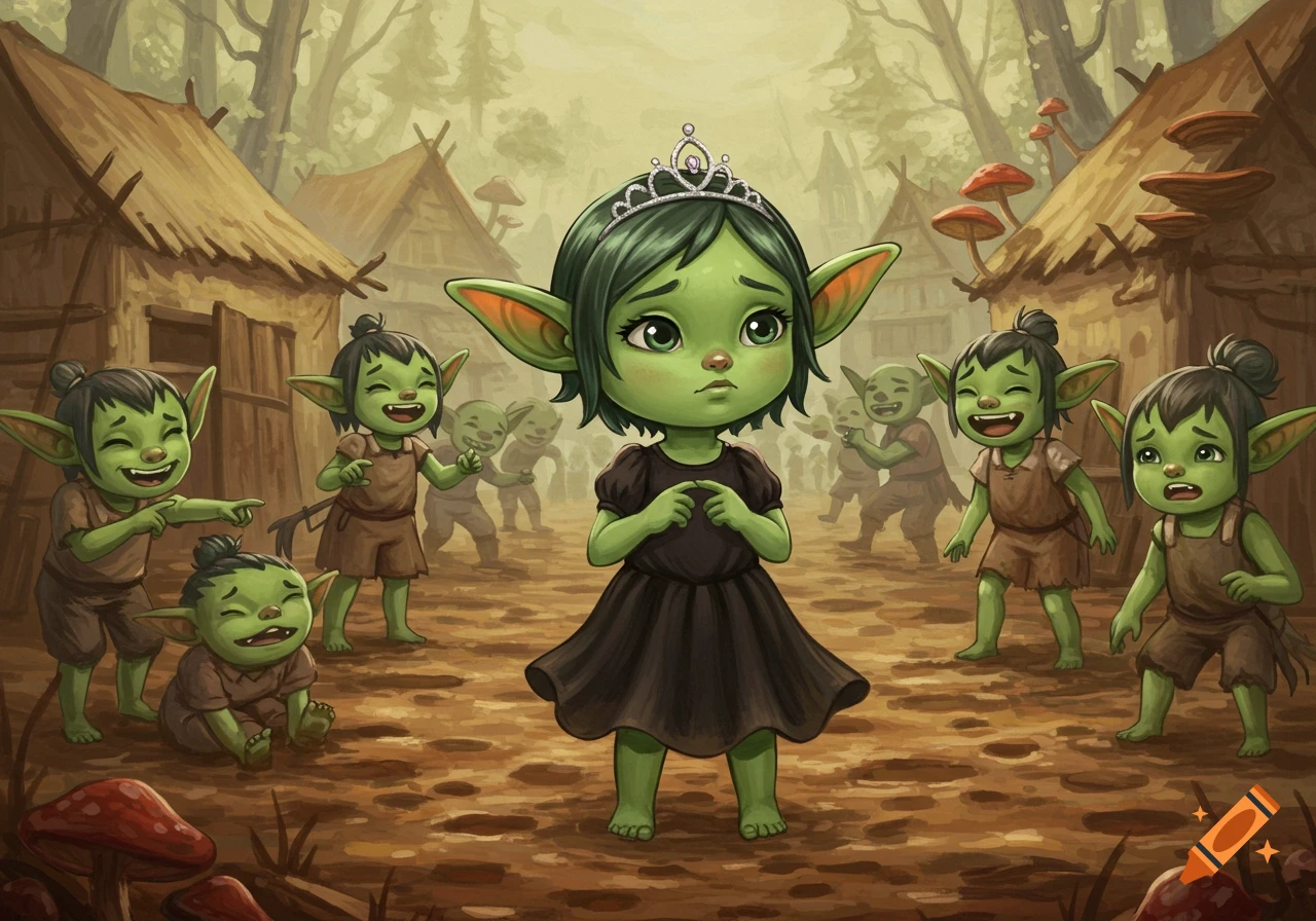 A sad green goblin girl in a black dress and tiara stands in a muddy village as other goblin children point and laugh at her.
