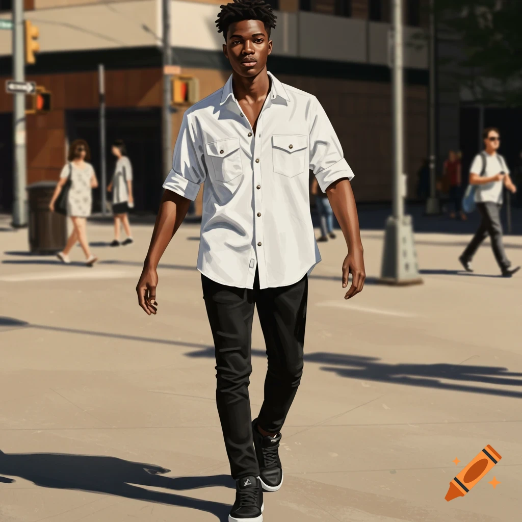 A young Black man wearing a white shirt and black jeans walks confidently down a sunny city street.