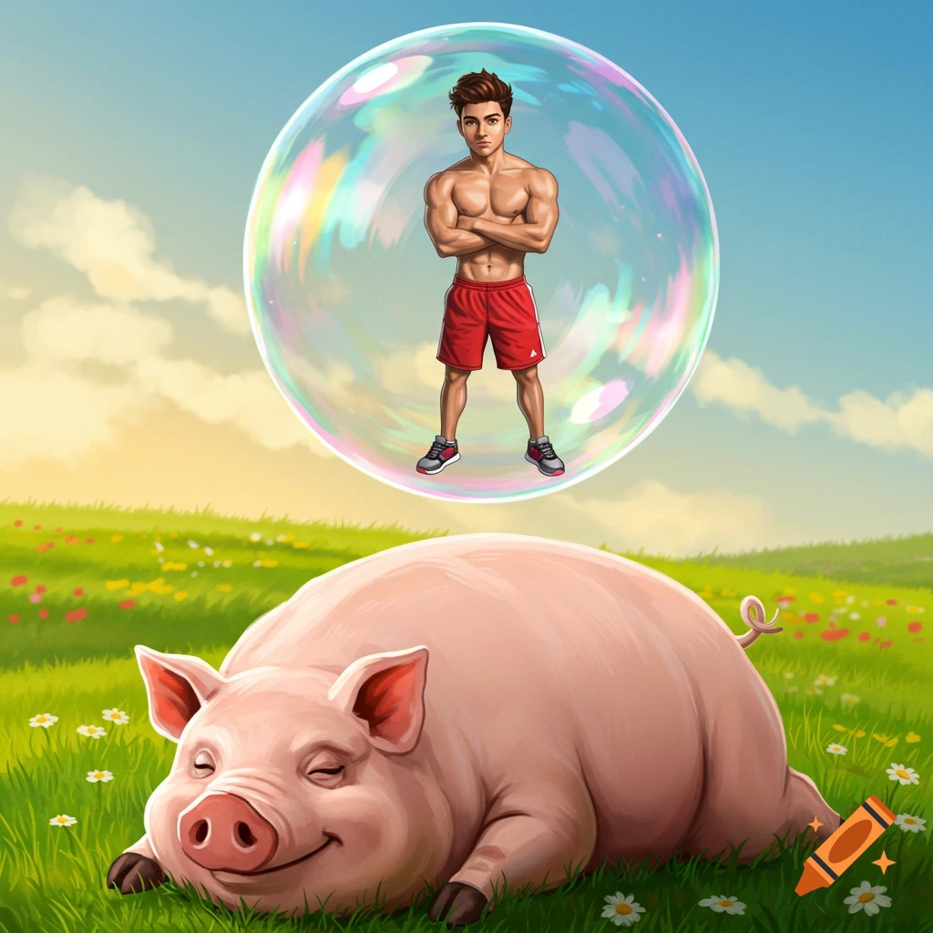 An illustrated scene of a smiling pig sleeping in a grassy field with a clear bubble floating above it, containing a shirtless, toned man with folded arms.