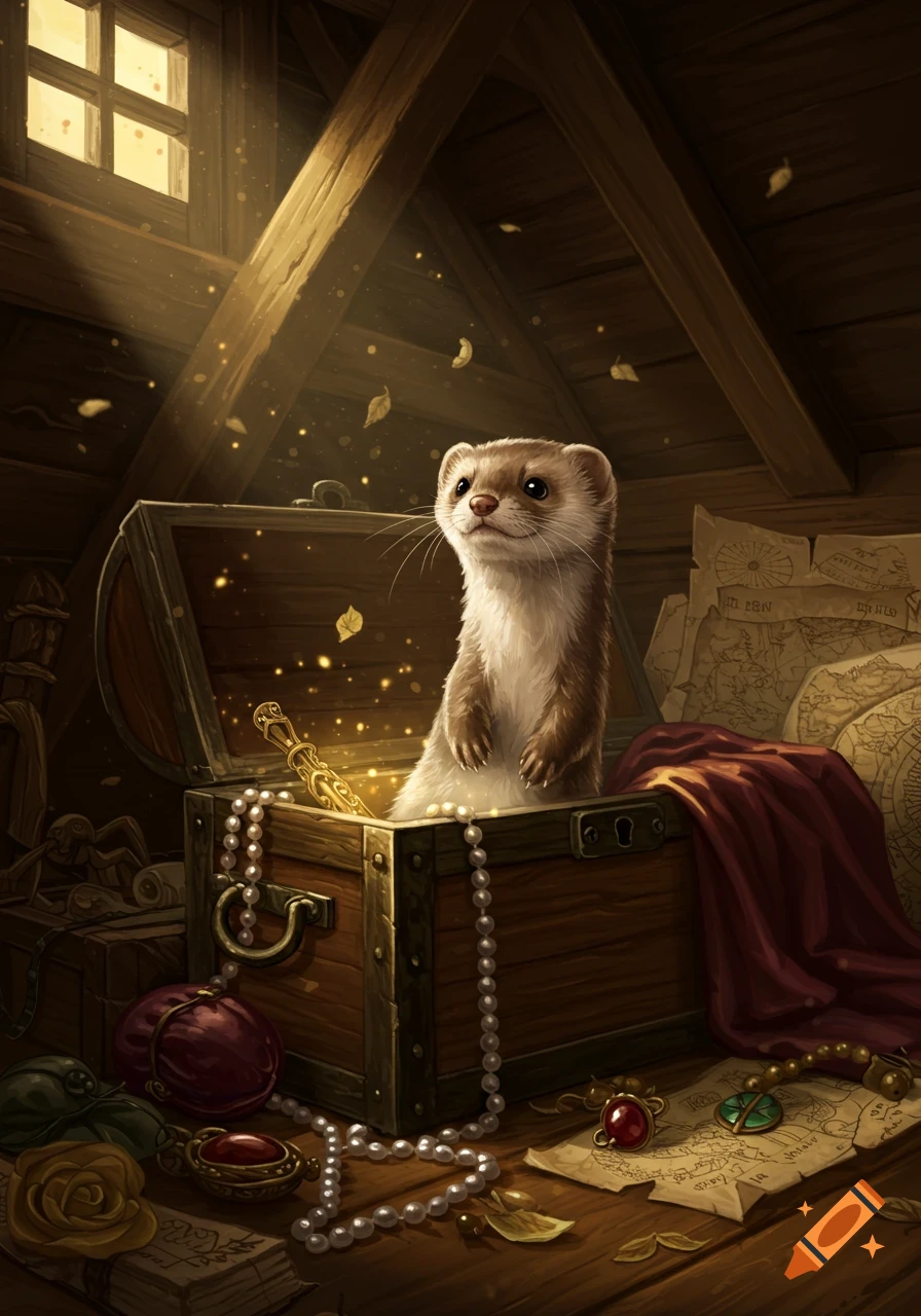 A cute weasel stands in an open treasure chest overflowing with glowing golden light, pearls, and jewels in a dusty attic.