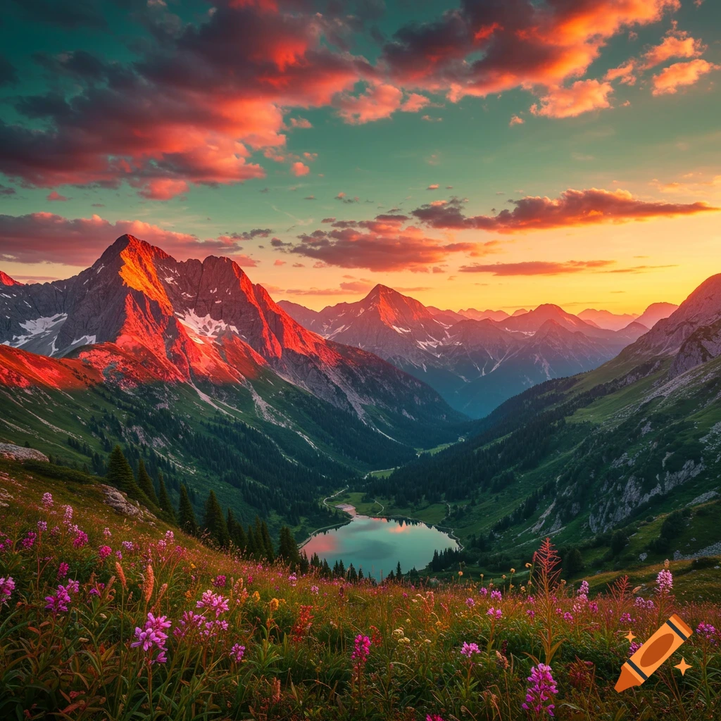 A vibrant sunset over a mountainous landscape with a lake in the valley and purple wildflowers in the foreground.