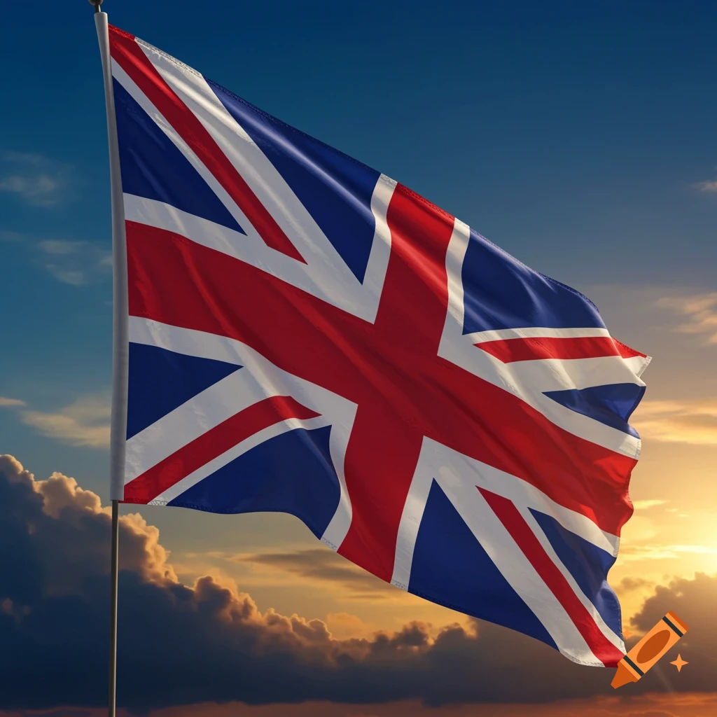 A Union Jack flag, representing the United Kingdom, waves against a sky with clouds at sunset.