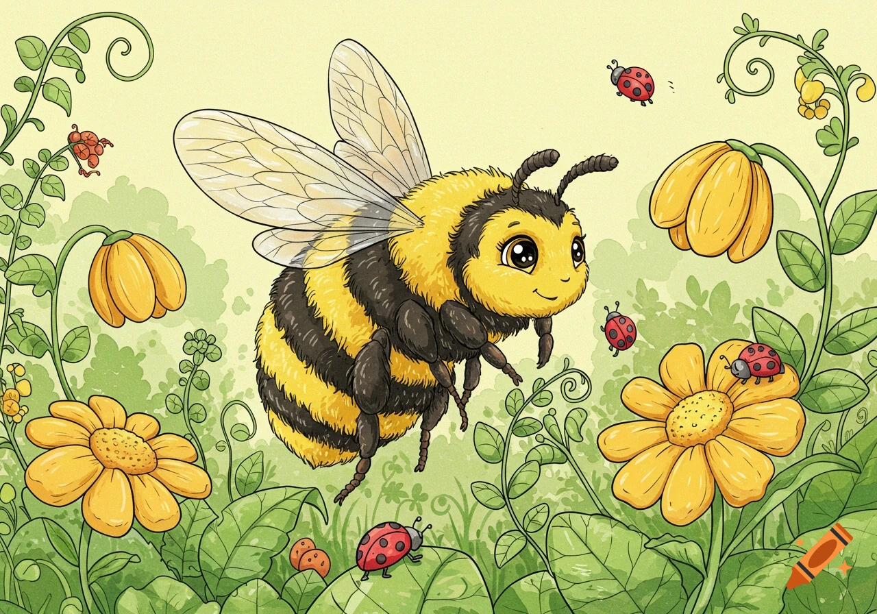 A cute cartoon bumblebee with large eyes flies among yellow flowers and green leaves, with ladybugs nearby. Illustrated in a coloring book style.