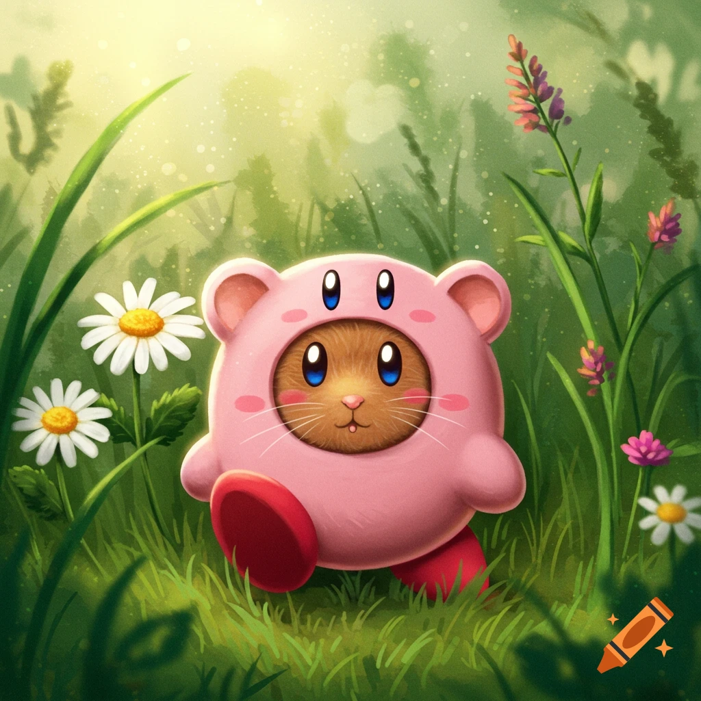 A cute vole in a pink Kirby costume stands in a green field with daisies under a glowing sky.