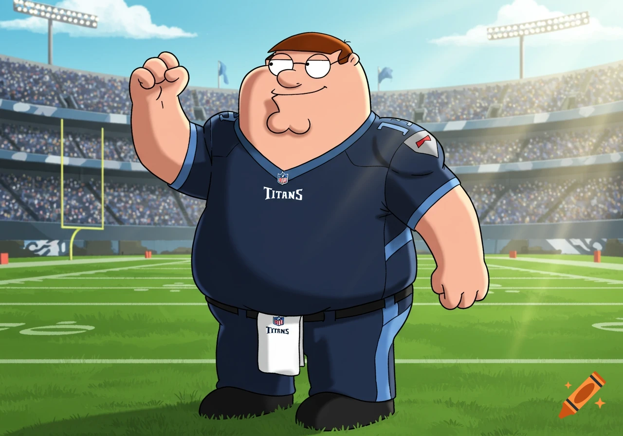 Cartoon Peter Griffin wearing a blue Tennessee Titans jersey and raising his fist in a football stadium.
