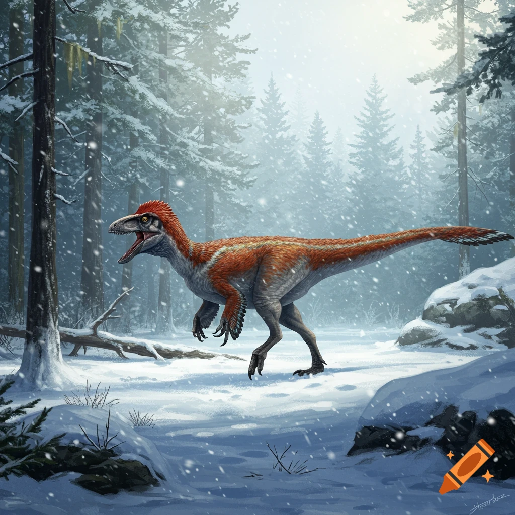 A red and gray feathered Velocivenator dinosaur walks through a snow-covered forest during a snowfall.