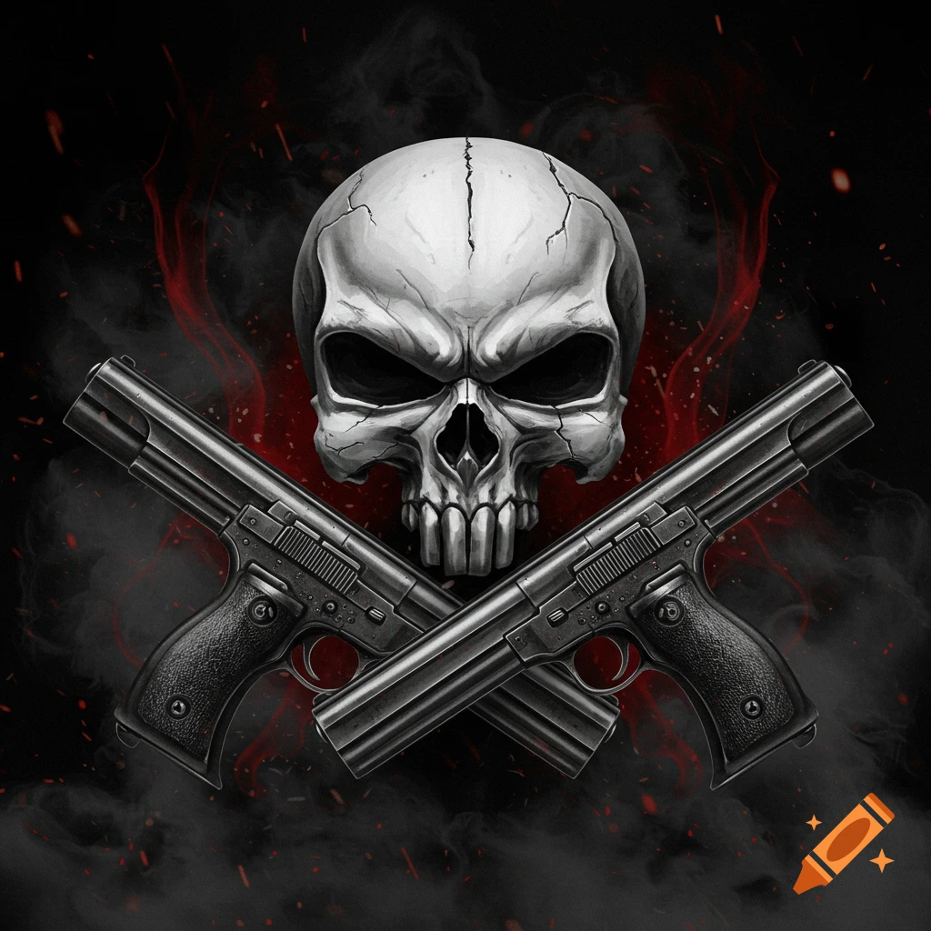 A stylized white skull with cracks and dark eye sockets, above two crossed black pistols, against a dark background with red smoke and sparks.