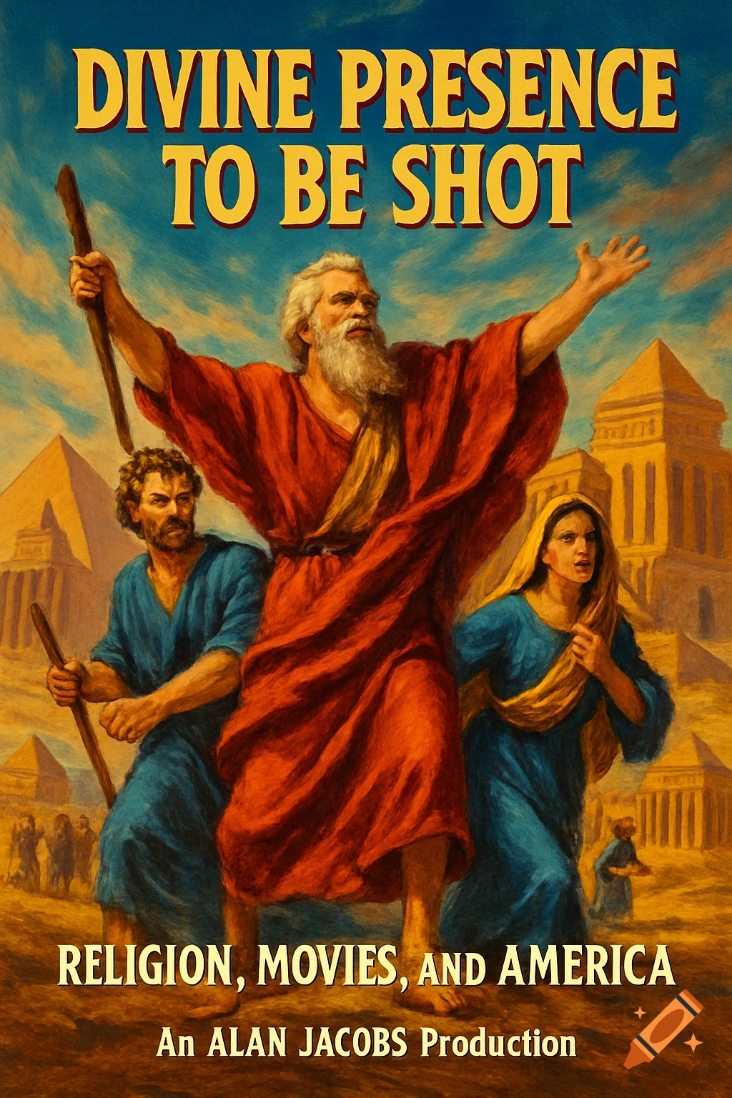 A vintage movie poster depicts a bearded man in red robes with raised arms and staff, flanked by two figures, against a desert with pyramids and ancient structures. Text reads: "DIVINE PRESENCE TO BE SHOT" and "RELIGION, MOVIES, AND AMERICA".