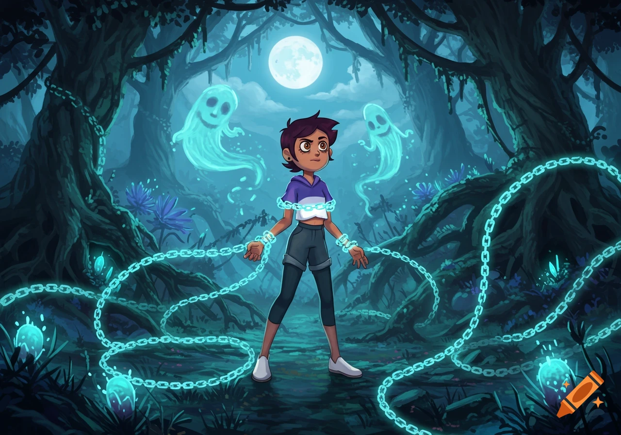 Luz Noceda stands in a dark, glowing forest under a full moon, surrounded by turquoise glowing chains and two friendly ghost figures.