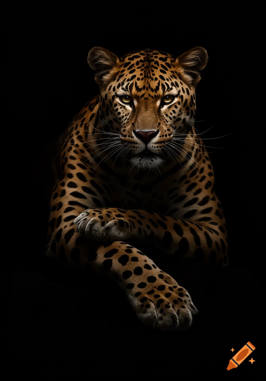 A close-up, front-facing view of a leopard with striking yellow eyes, resting its paws in a dark, dramatic setting.