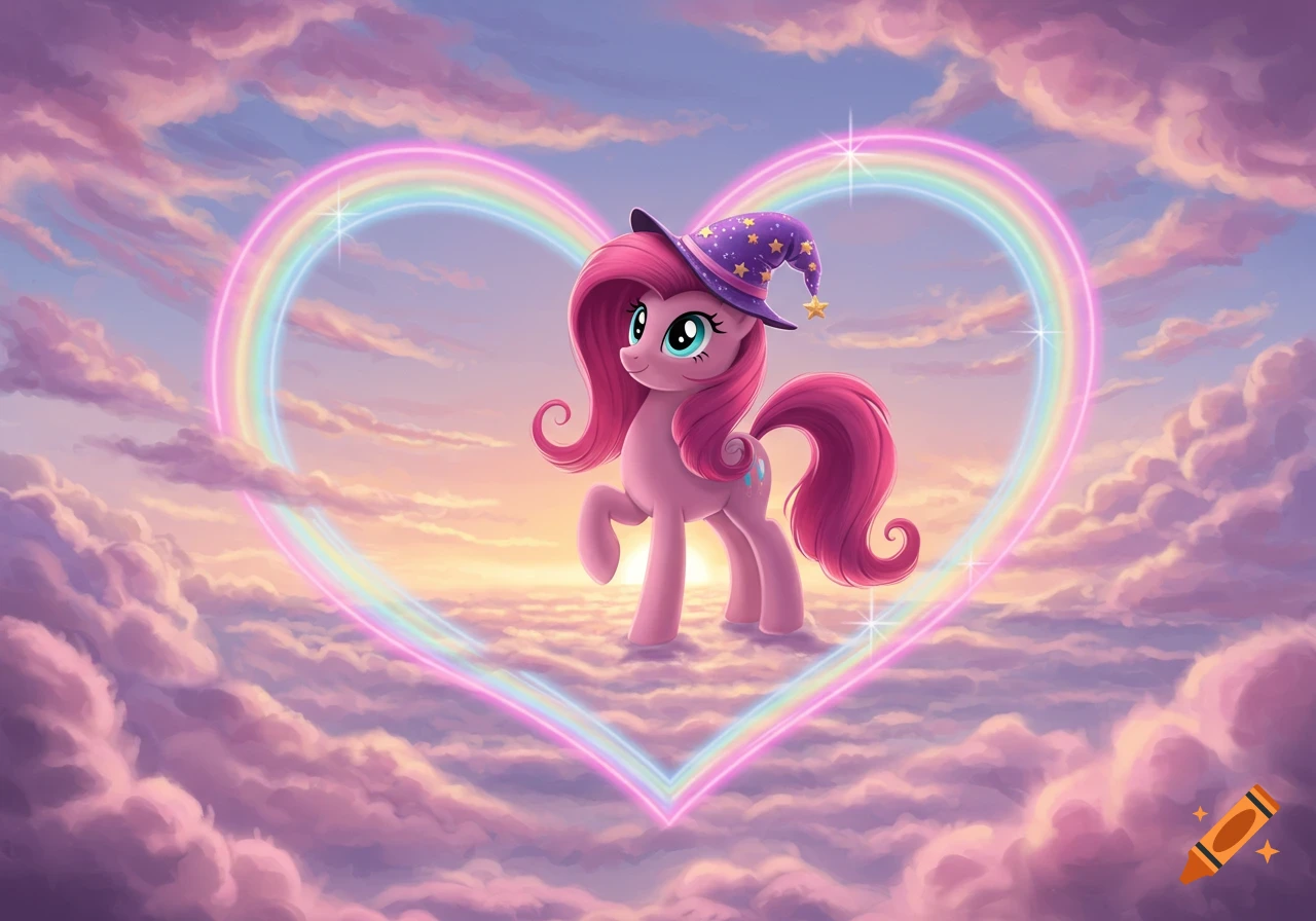 A pink cartoon pony wearing a purple wizard hat with yellow stars stands amidst pink and purple clouds, framed by a neon rainbow in the shape of a heart.