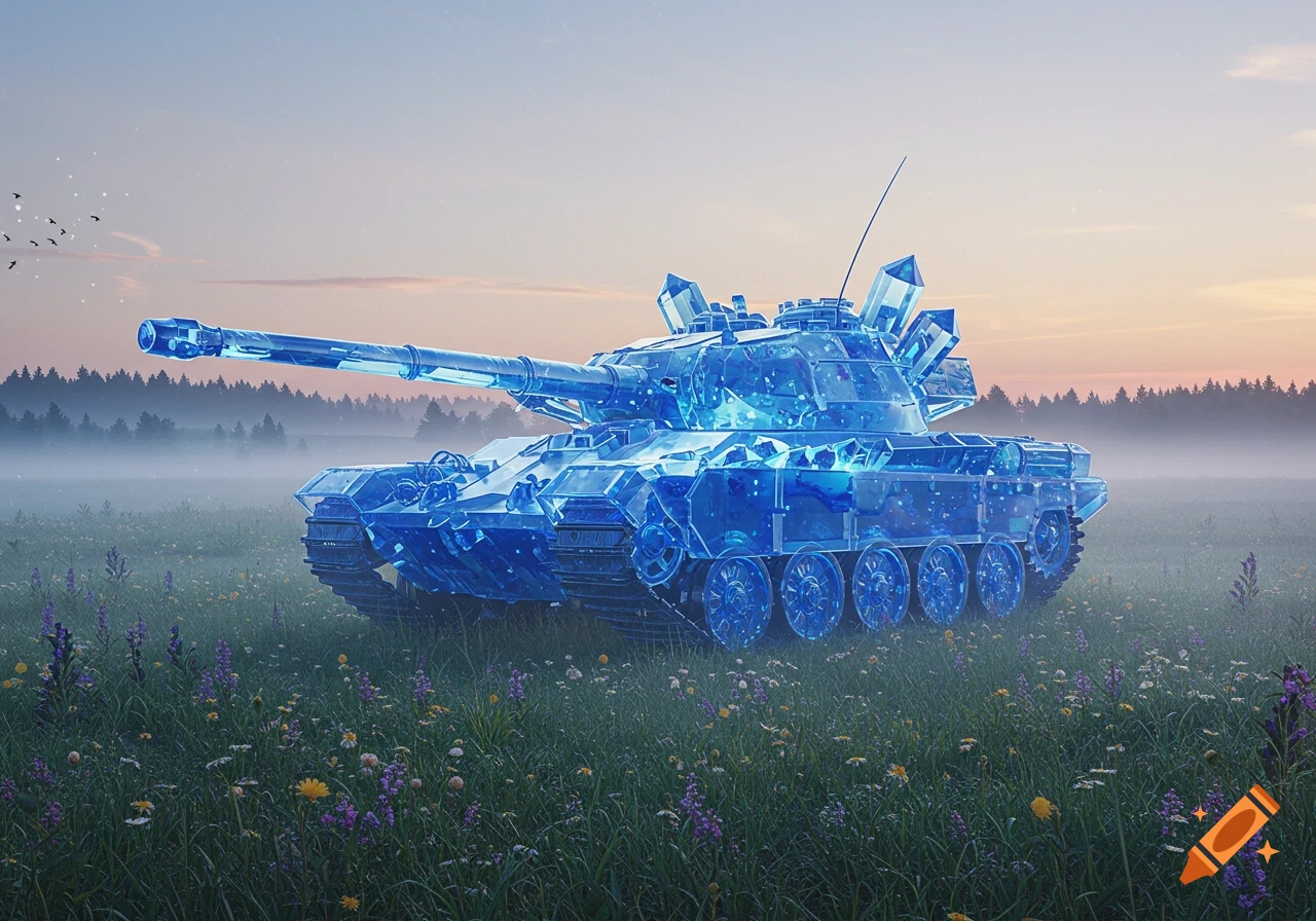 A photorealistic blue crystal tank sits in a field of green grass and wildflowers under a pastel sky.