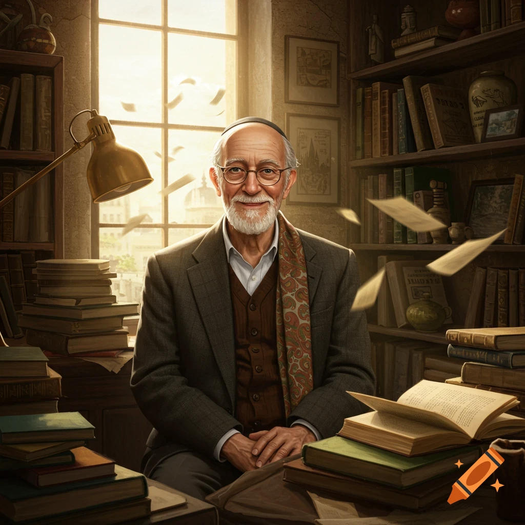 Photorealistic portrait of a smiling old man with a beard and yarmulke, sitting in a sunlit library with books and flying papers.
