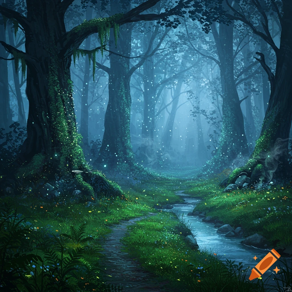 A magical, misty forest with a path leading into the distance, glowing moss on trees, and a luminous stream.