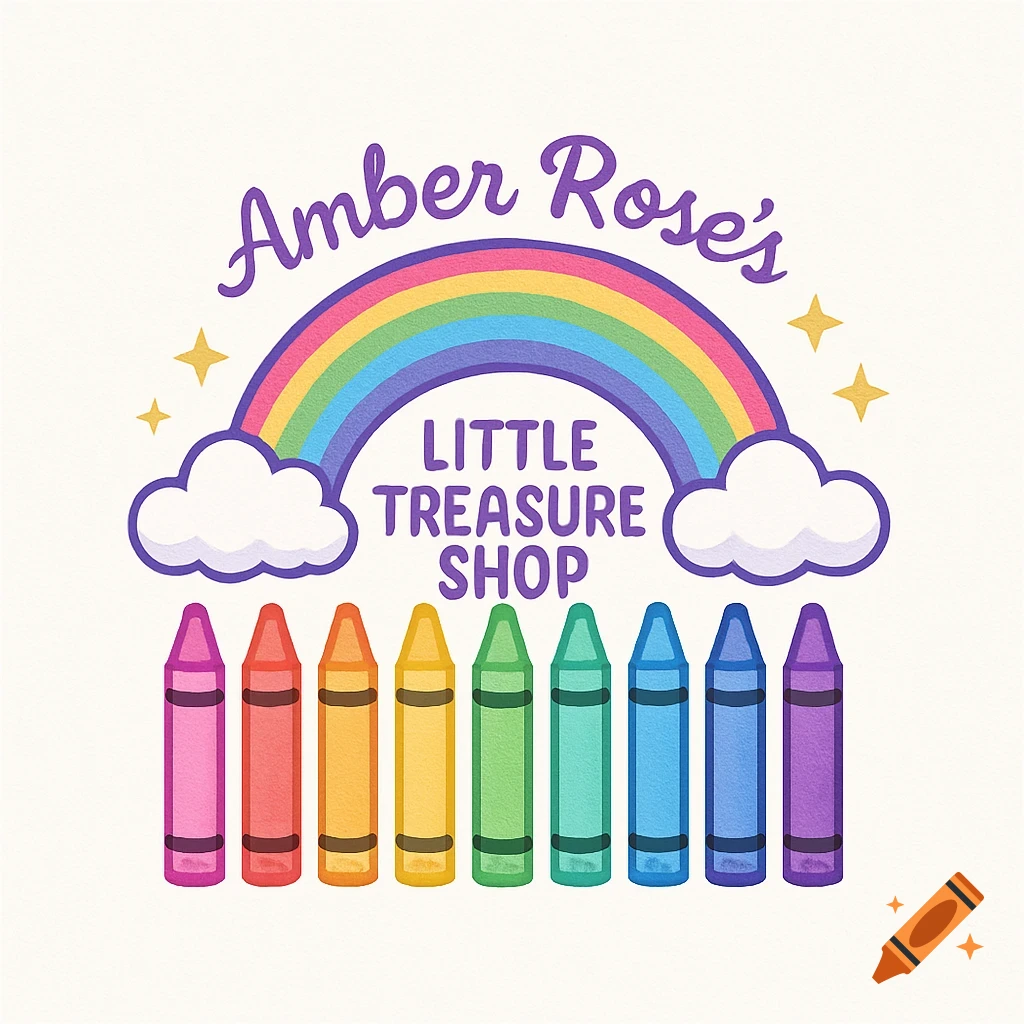 A colorful, child-friendly logo featuring a rainbow, clouds, and stars above eight crayons, with text 'Amber Rose's LITTLE TREASURE SHOP'.