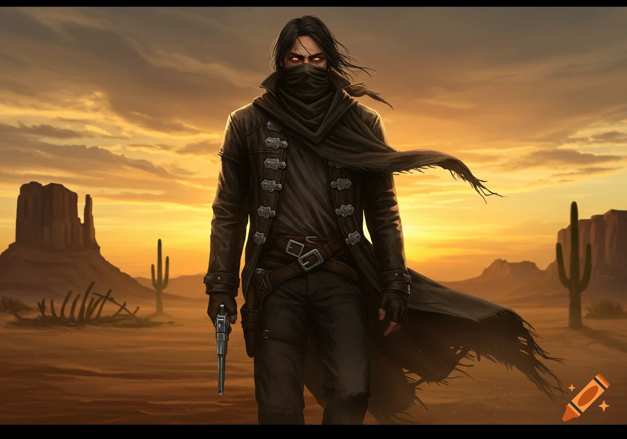 A dark-haired bandit with glowing red eyes stands in a desert sunset, holding a revolver.