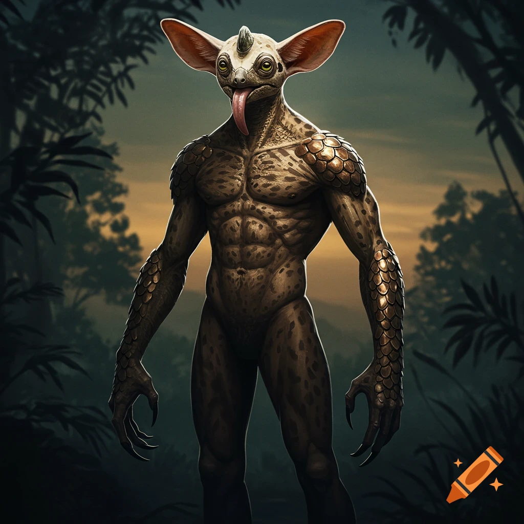 A tall, muscular, bipedal creature with large, fennec fox-like ears, a long anteater-like tongue, and scaly skin stands in a dark jungle setting with an orange sunset in the background.