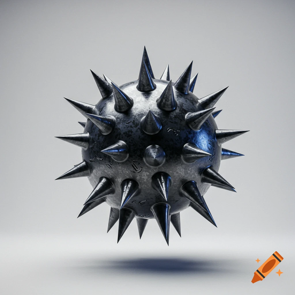 A metallic, dark gray spiky sphere with sharp spikes floating against a  plain light background. on Craiyon, image size:1024x1024