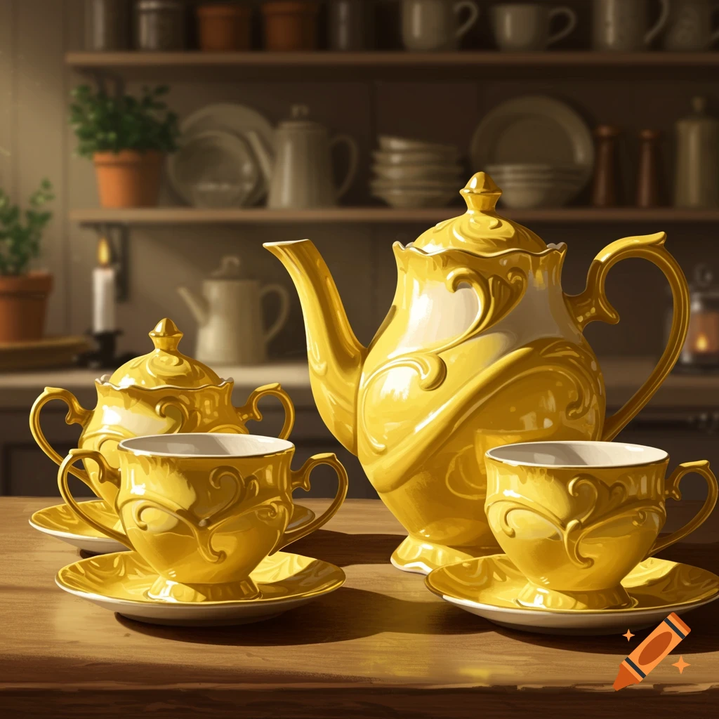 A detailed, golden teaset with ornate designs on a wooden table in a kitchen.