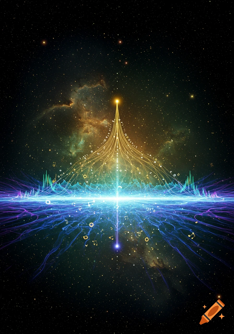 An abstract cosmic scene with a bright light column rising from a vibrant blue and purple energy field, surrounded by stars and nebulae, with data streams and musical notes.