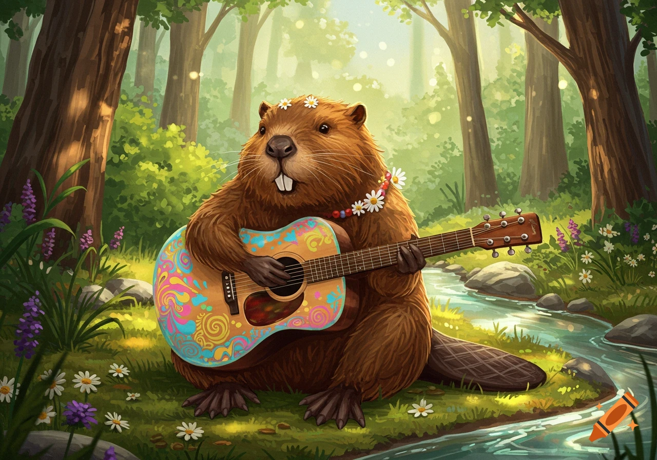 A cartoon beaver with flowers on its head and a daisy chain around its neck plays a colorful guitar in a sunny forest by a stream.