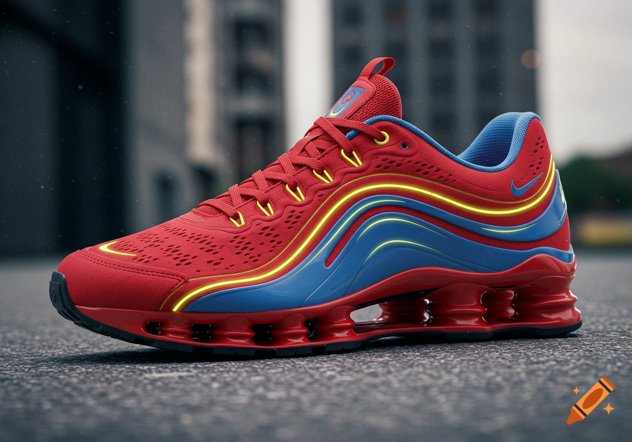 A red, blue, and yellow sneaker with glowing yellow stripes and red soles on a dark asphalt surface.