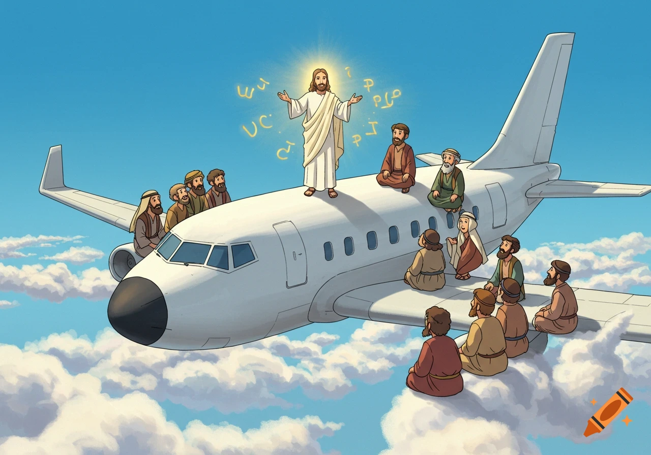 Cartoon illustration of Jesus standing on an airplane in the sky, surrounded by his disciples sitting on the plane.