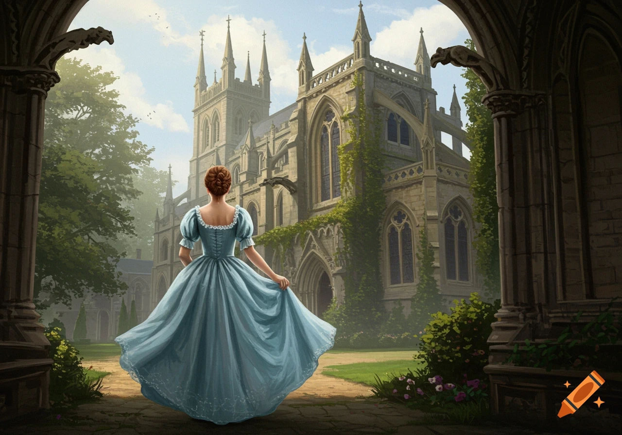 A woman in a blue regency dress stands with her back to the viewer, looking at a grand gothic abbey.