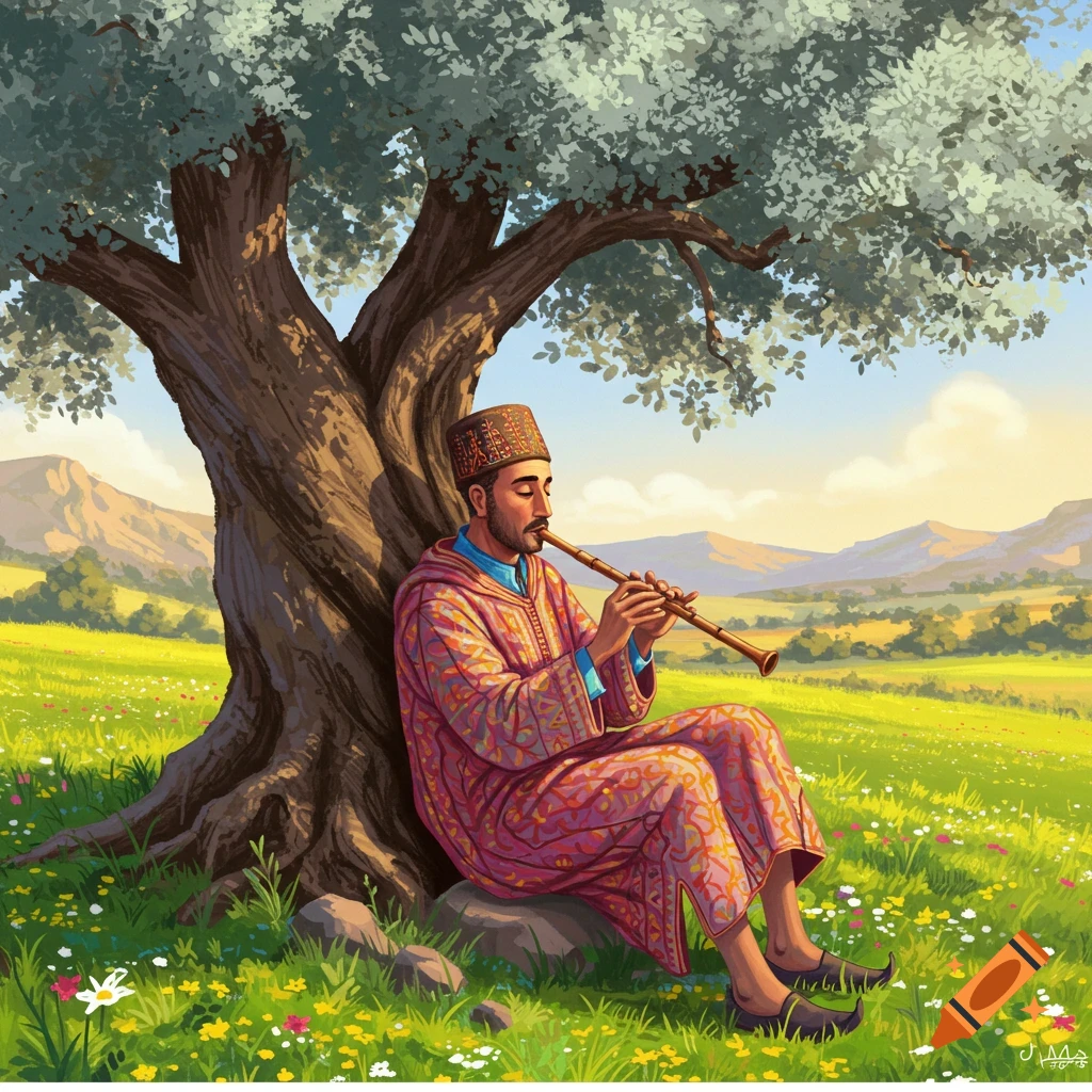 A man in traditional attire plays a flute under a large olive tree in a vibrant, grassy field with distant mountains, in an illustrative style.