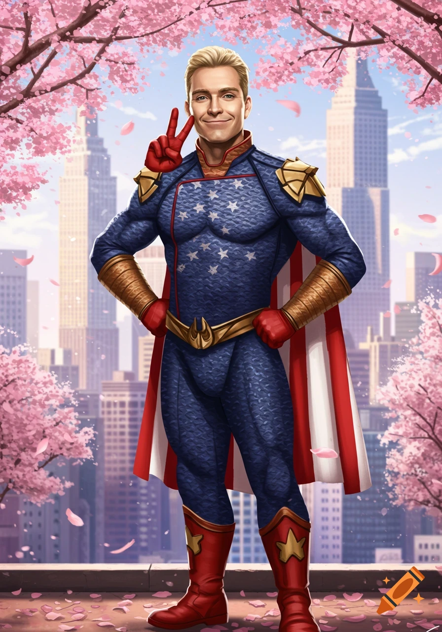 Homelander in superhero suit smiling and making a peace sign under cherry blossoms in a city.