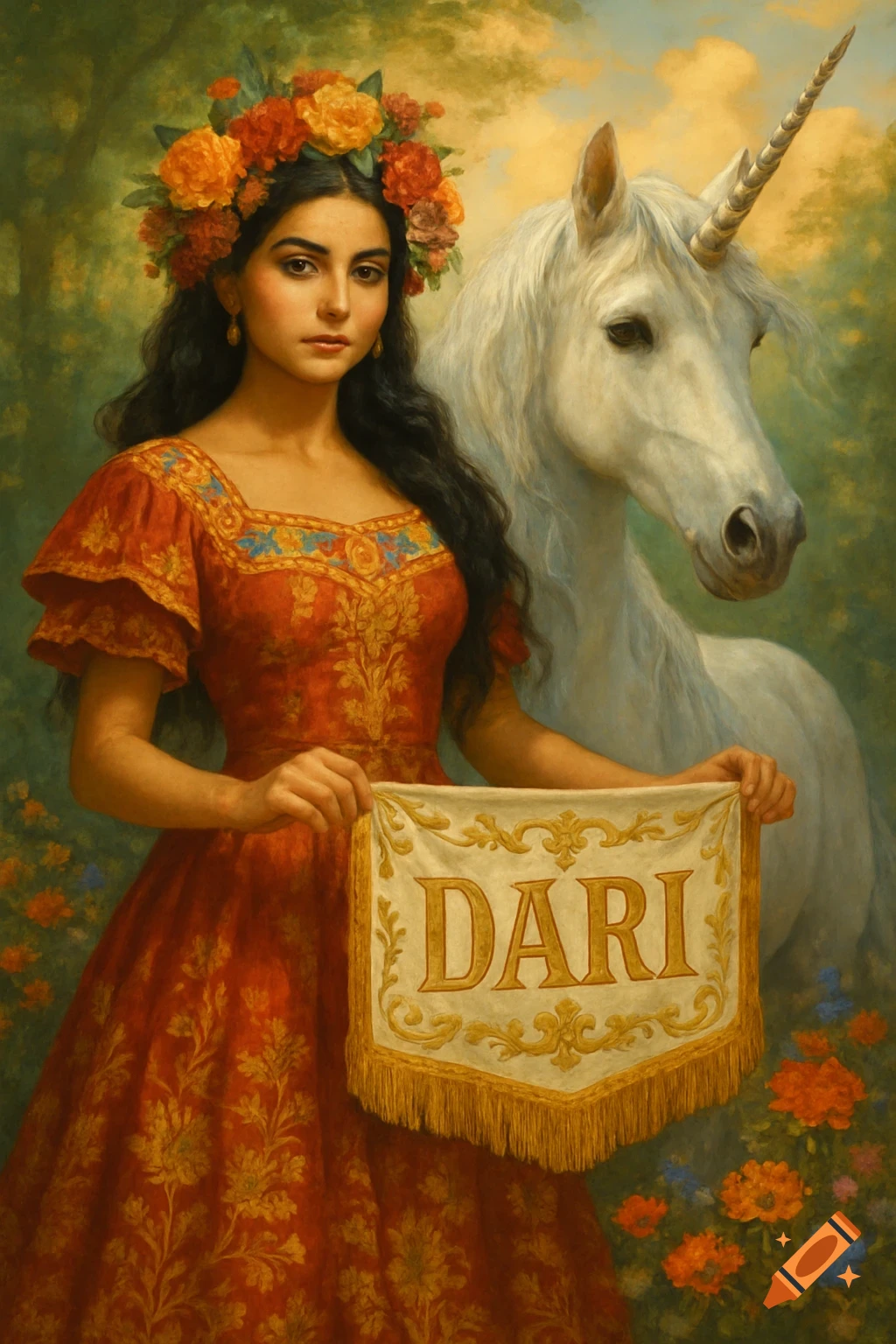 A painterly depiction of a woman in a red dress with a flower crown holding a banner reading "DARI" next to a white unicorn in a garden.